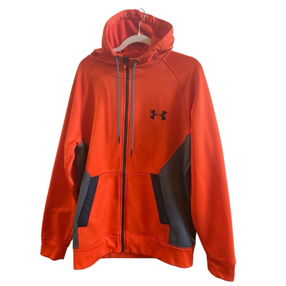 Under Armour Vibrant Orange Gray Men's Hooded Jacket Size Large‎ Water Resistant